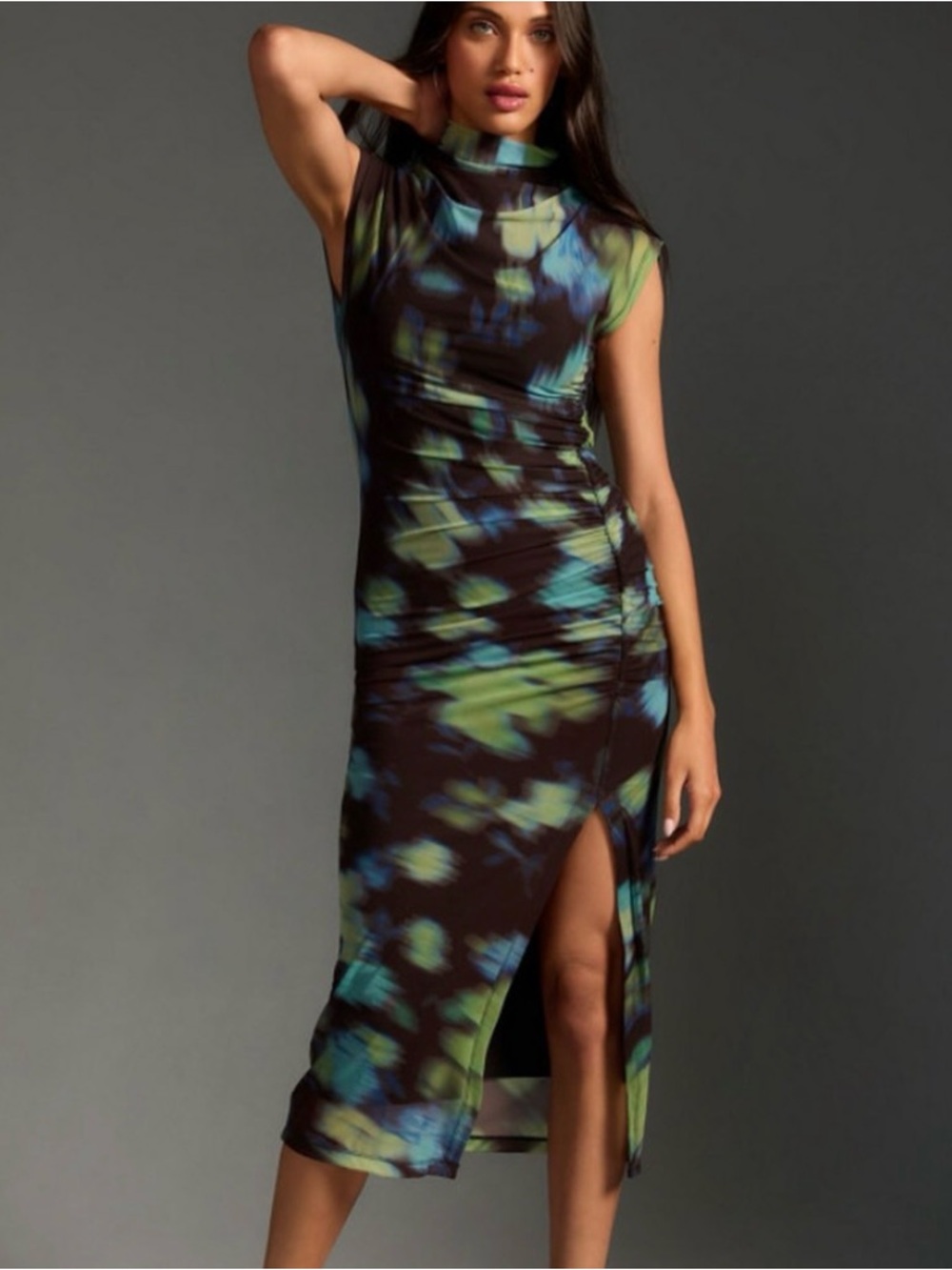 Anthropologie Black Floral-Blur Mock Neck Midi Dress